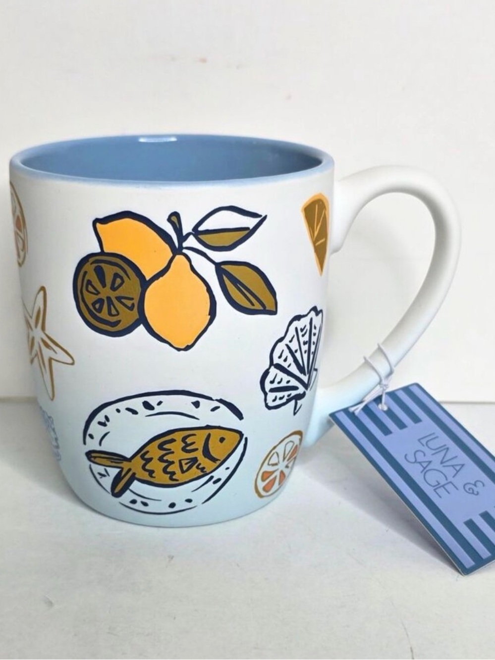 Luna & Sage Lemons Sea Shore Ocean Fish Shell Blue Summer Beach Mug - NEW